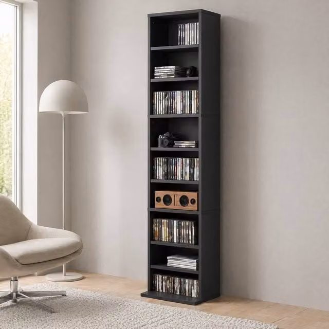 STILVORA Modern Media Storage Unit in Black with Adjustable Shelves and Media Compartments