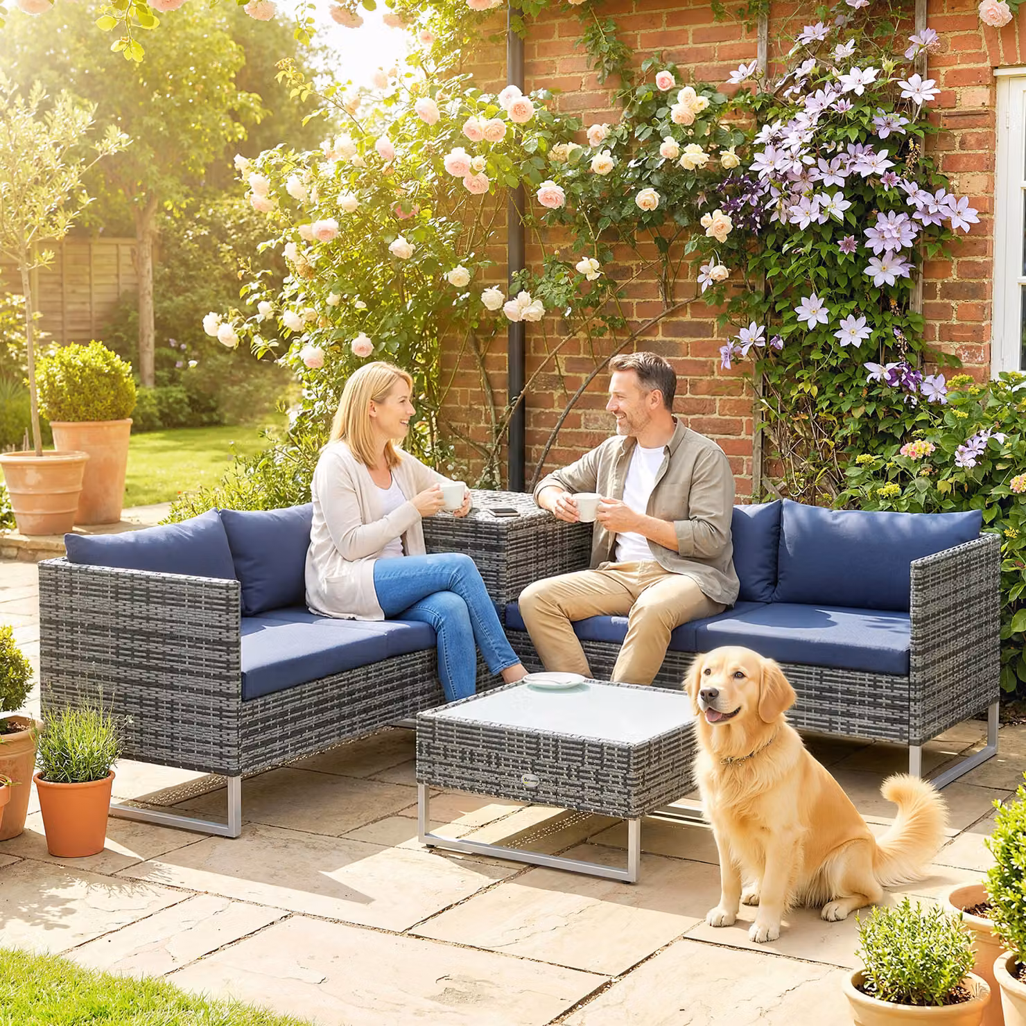 Outsunny 4 Piece Rattan Garden Furniture Set in Dark Blue with L-Shape Corner Sofa, 2 Seater, Ottoman and Coffee Table with Cushions – 7