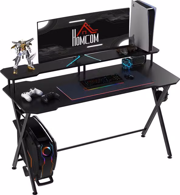 HOMCOM Black Gaming Computer Desk with Curved Front and Headphone Hook for Home Office Use – 1