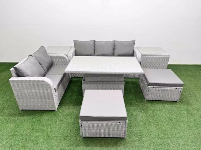 Fimous 7 Seater Grey PE Rattan Wicker Garden Furniture Set with Adjustable Lifting Dining or Coffee Table, 3 Seater Sofa, 2 Seater Sofa and Love Seat
