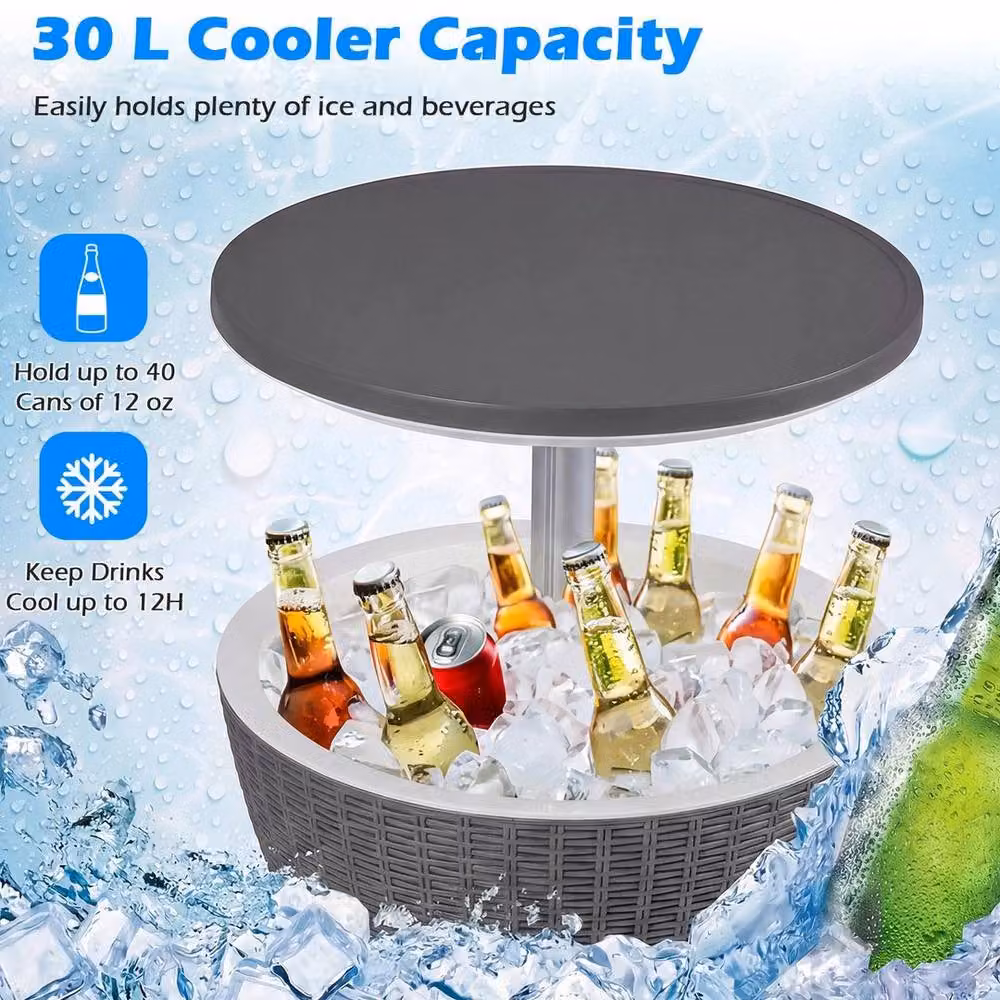 Hinsinc 30L Grey Rattan Patio Cooler Bar Table with Extendable Top – 5