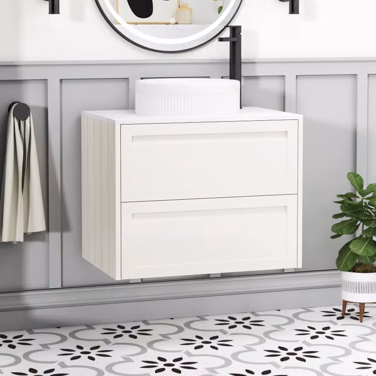 Royal Bathrooms Elmore Classic White Wall Hung Countertop Vanity Unit with 2 Drawers and Round Basin
