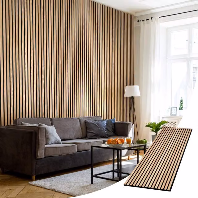 The Wood Veneer Hub Acupanel Acoustic Wood Slat Wall Panel in Light Oak, W/H: 60 x 240 cm