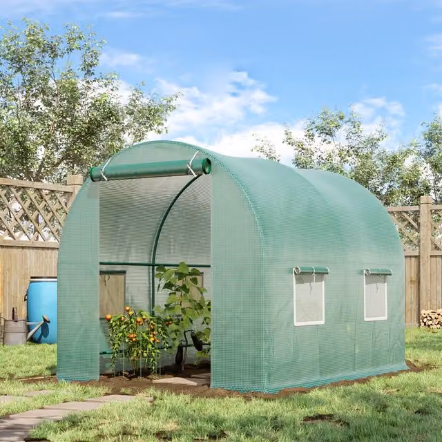 Outsunny Green Walk In Polytunnel Garden Greenhouse with Roller Windows and Steel Frame, W/D/H: 245 x 200 x 198 cm