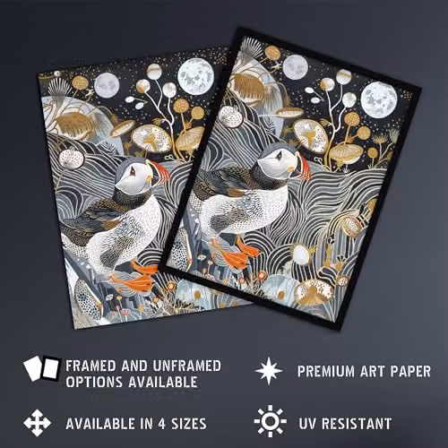 Artery8 Stylised Puffin Full Moon Flower Field Abstract Framed Wall Art Print, Multicolour, H 32.3 x W 29.7 x D 2.34 cm – 2