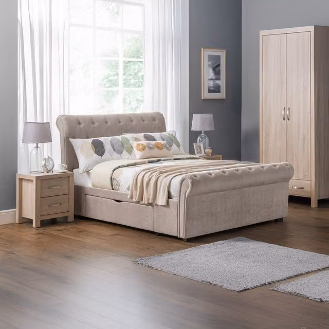 Julian Bowen Ravello Upholstered Storage Bed with Drawers in Brown and Beige Fabric, W: 140 cm, L: 200 cm