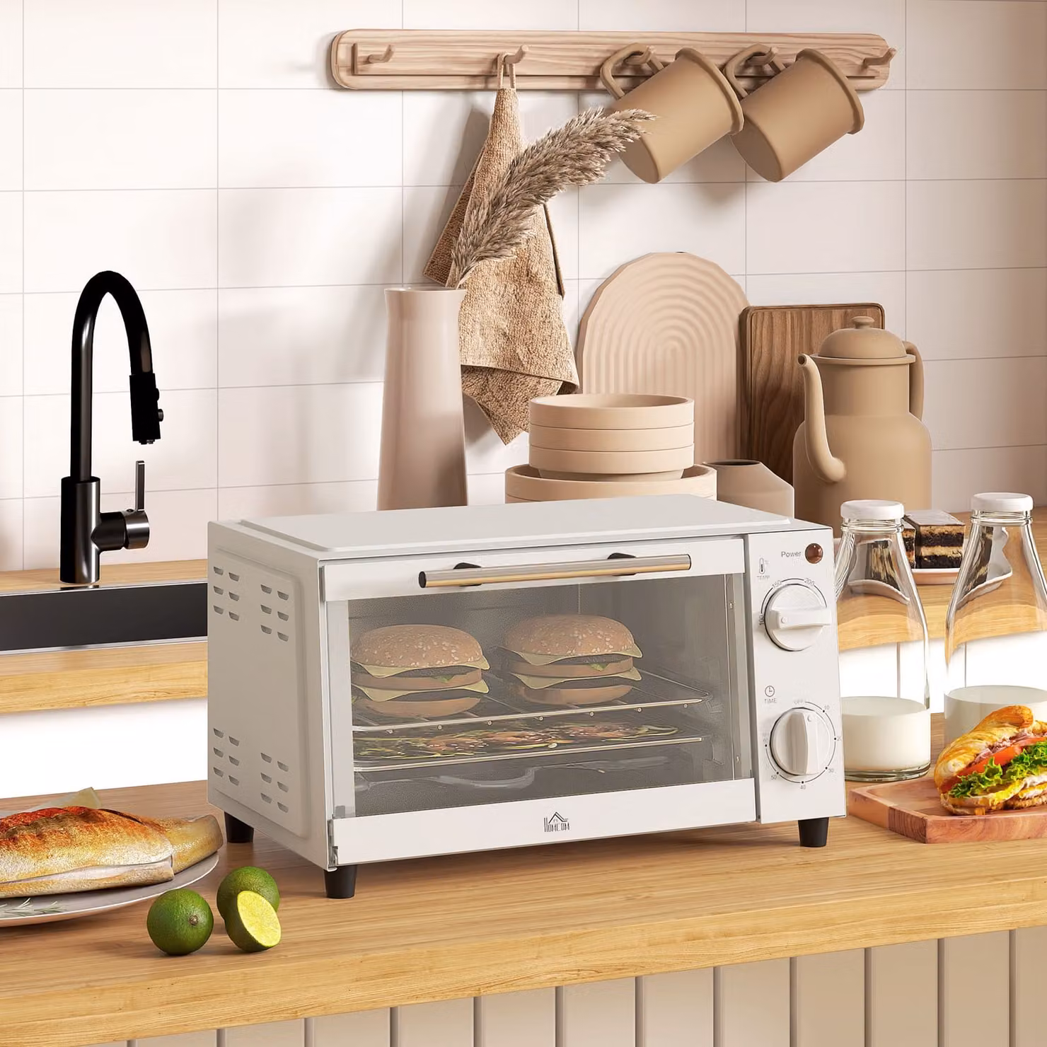 HOMCOM 9L Mini Countertop Electric Grill and Toaster Oven with Adjustable Temperature and Timer in Beige – 2