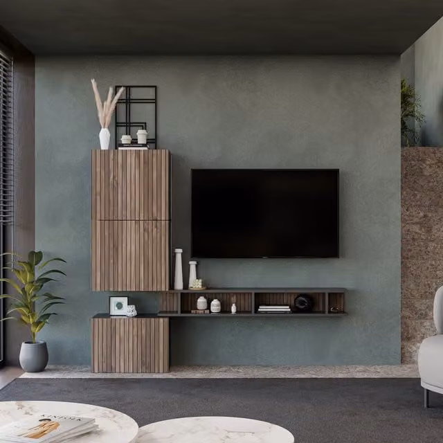Decorotika Navarra Wall Mounted Entertainment Center in Black with Striped Pattern and Open Shelving