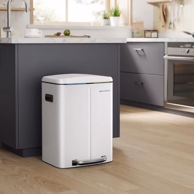 SONGMICS Dual Compartment Metal Pedal Kitchen Bin with Soft Close and Removable Inner Buckets, White
