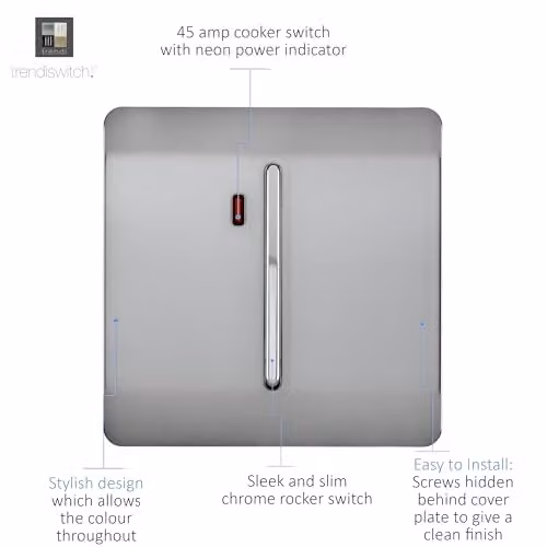 Trendi Switch Modern Decorative Glossy Double Pole 45 A Cooker Switch Control Unit with Neon Indicator in Silver – 2