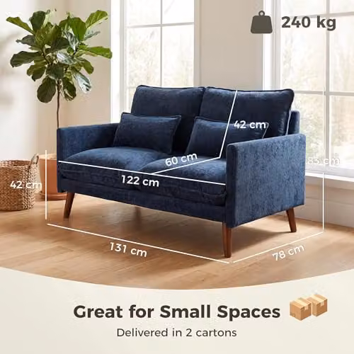 HOMCOM 2 Seater Modern Velvet Sofa in Blue with Scatter Cushions, W: 131 cm, H: 78 cm, D: 83 cm – 3