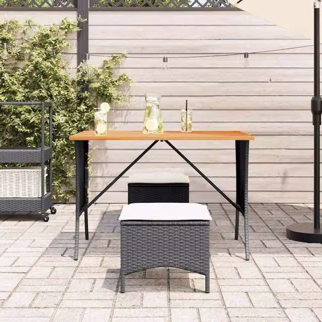 Berkfield Home Garden Table with Black Poly Rattan and Acacia Wood Top, W: 105 cm, D: 75 cm, H: 72 cm