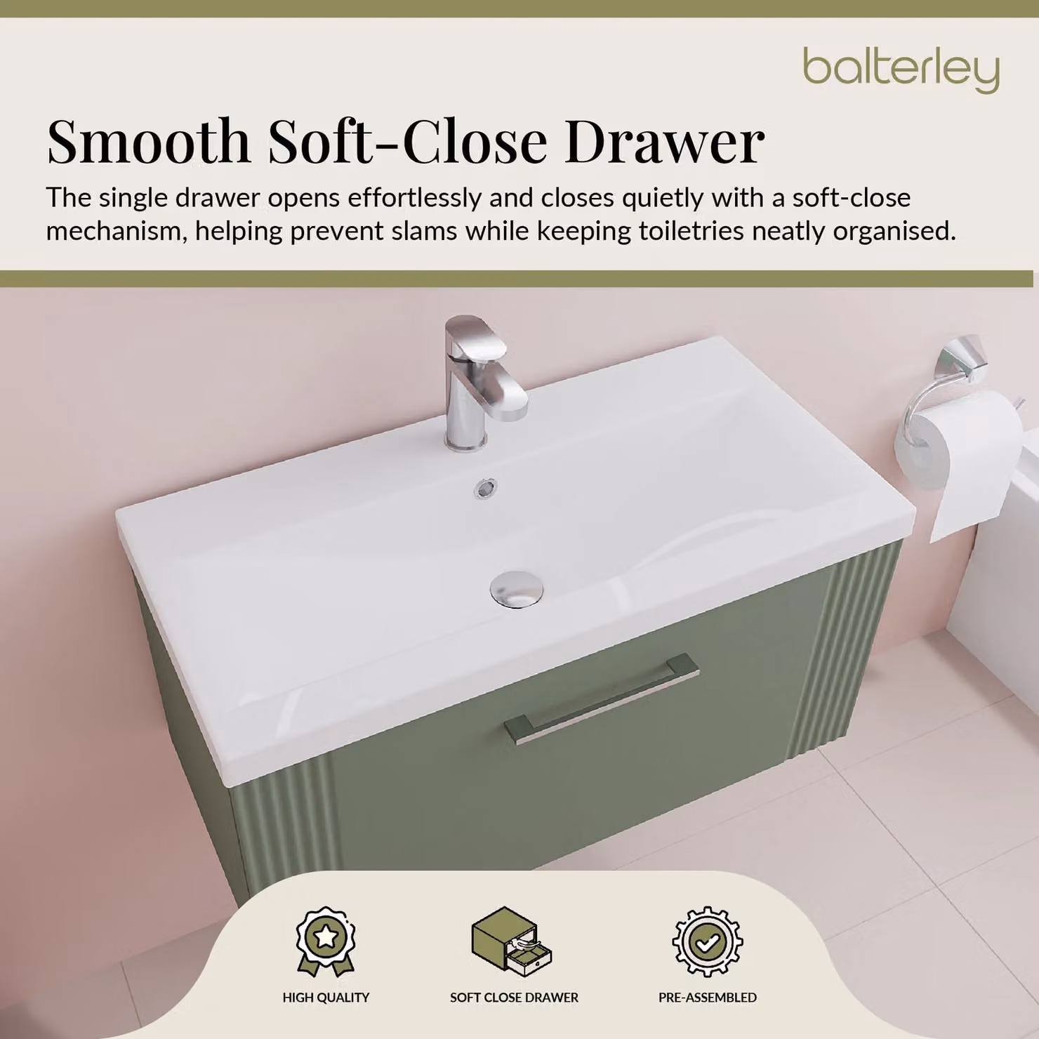 Balterley Wall Hung 1 Drawer Vanity Unit with Mid-Edge Basin, Satin Green, W: 80 cm – 3