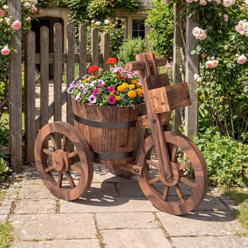 Costway Barrel Tricycle Wooden Planter with Wheels and Drainage Hole, Brown, W: 54.0 cm, D: 29.0 cm, H: 44.0 cm – 2