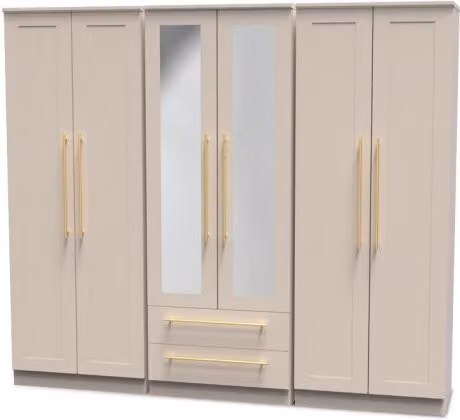 Welcome Haworth Modern 6 Door 2 Drawer Tall Mirrored Wardrobe in Beige and Gold