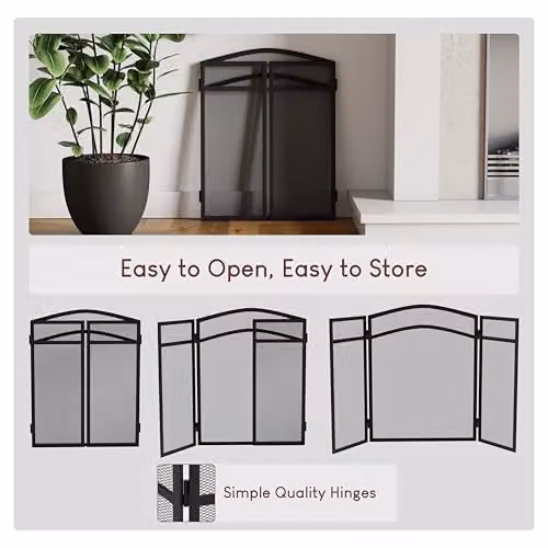Milton 3 Panel Arched Metal Fire Guard and Spark Screen in Black, H 96.0 cm x W 60.0 cm x D 8.0 cm – 5