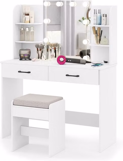 COSTWAY Modern Hollywood LED Vanity Desk Set in White