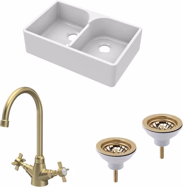 Balterley Ceramic Double Bowl Butler Sink with Mono Crosshead Mixer Tap and Wastes, White and Gold, W: 79.5 cm