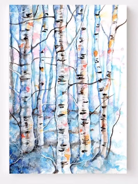 BebesArts Birch Trees Watercolor Canvas Print in Blue, W: 81.28 cm, H: 60.96 cm