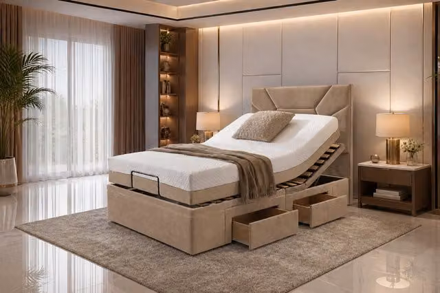 Luxury Ludlow Electric Adjustable Bed with Foam Mattress and Drawers in Beige and Silver, W/D/H: 90 x 200 cm
