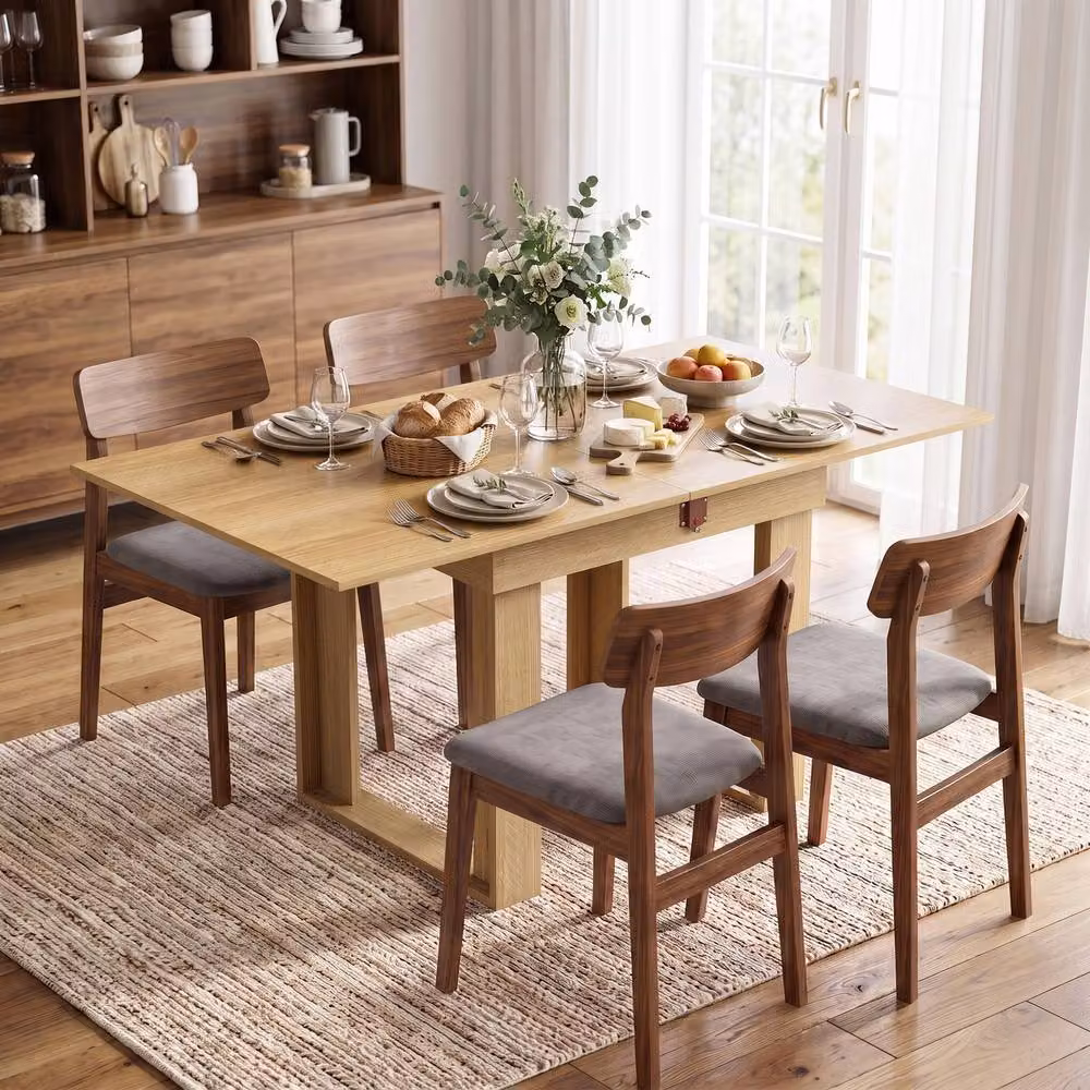 HOMCOM Folding Dining Table with Under-Table Storage in Oak Effect, Brown, W: 140 cm, D: 70 cm, H: 70 cm – 2