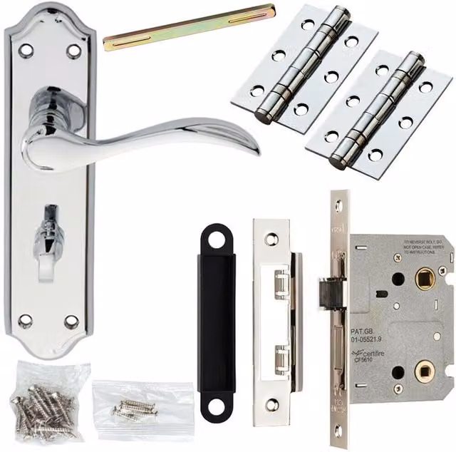 Loops Chrome Victorian Curved Door Handle and Bathroom Lock Pack – 1