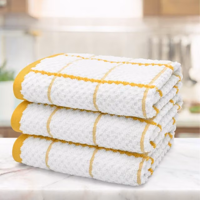 Kitchen Trends Set of 3 Highly Absorbent Checked Cotton Tea Towels in Yellow and White