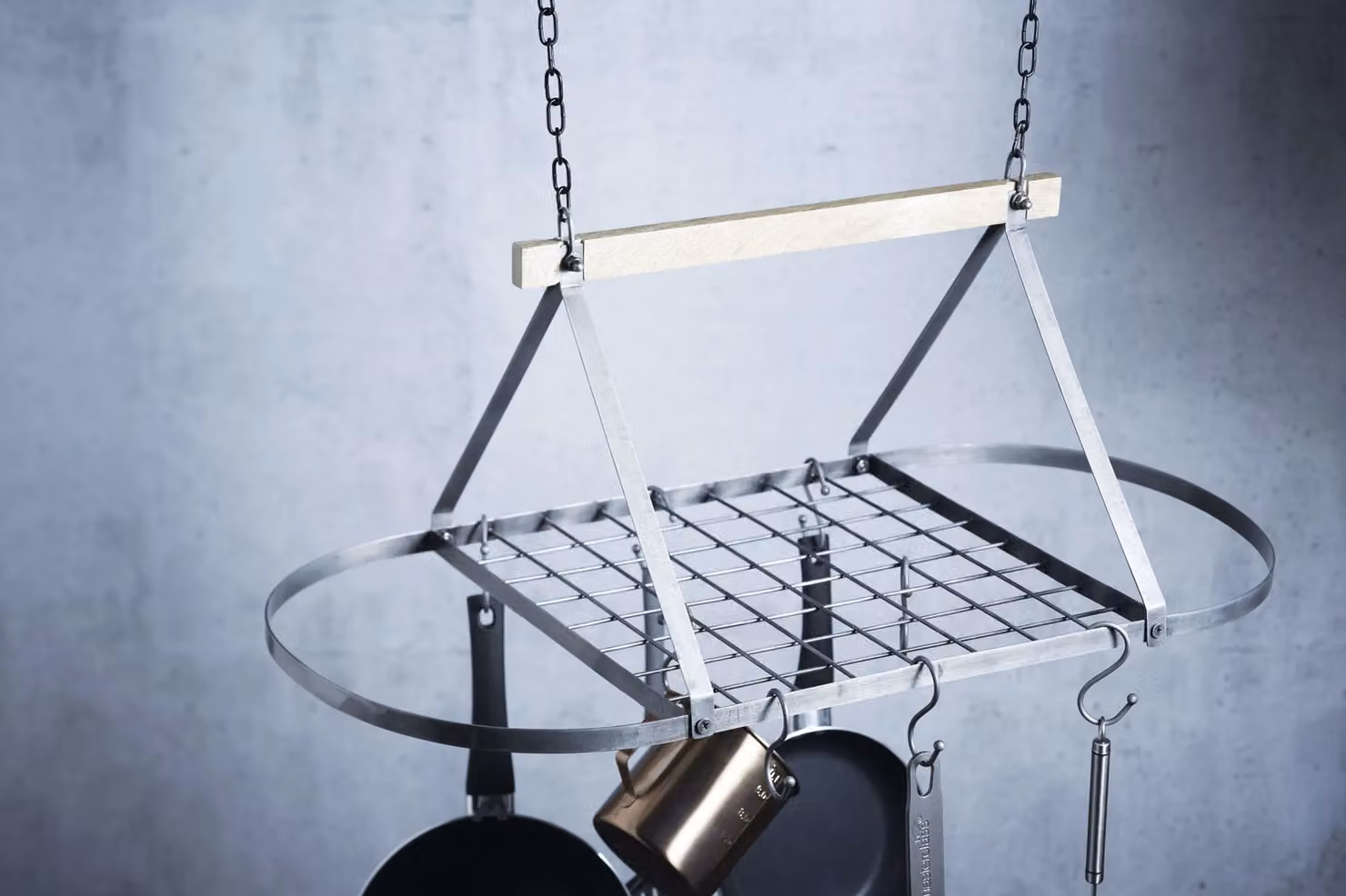 Industrial Kitchen Vintage-Style Ceiling Hanging Pot and Pan Rack with Mango Wood Shelf in Silver – 7