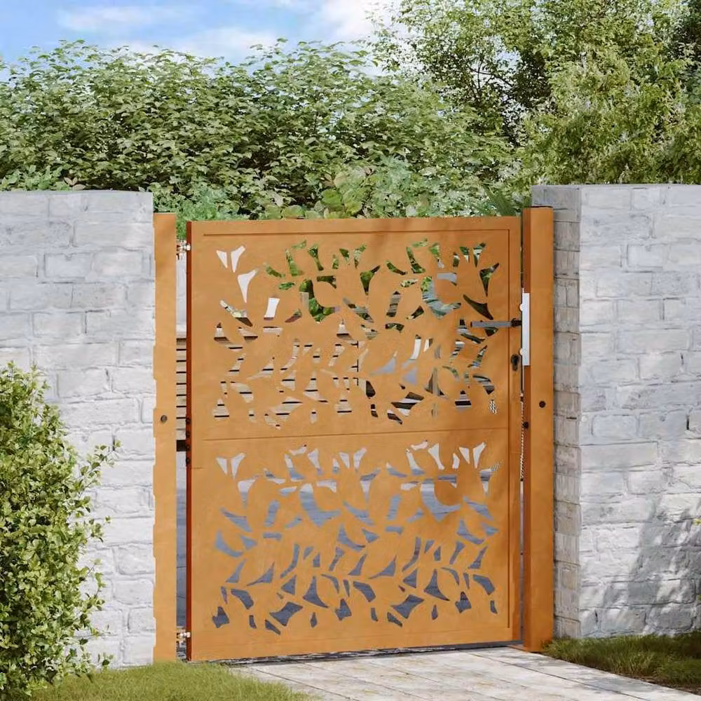 Berkfield Home Beautiful Garden Gate in Brown Weathering Steel with Leaf Design, W/H: 105 x 105 cm – 1