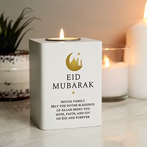 Personalised Memento Company White Wooden Eid and Ramadan Tea Light Holder W: 7.5 cm, D: 10 cm, H: 7.5 cm – 1
