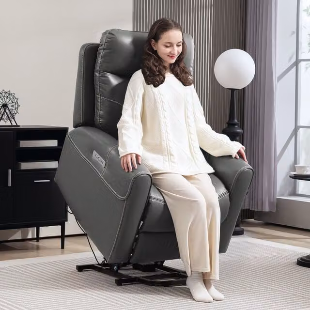 HOMCOM Overstuffed Riser and Reclining Chair with USB Ports in Grey Synthetic Leather – 1