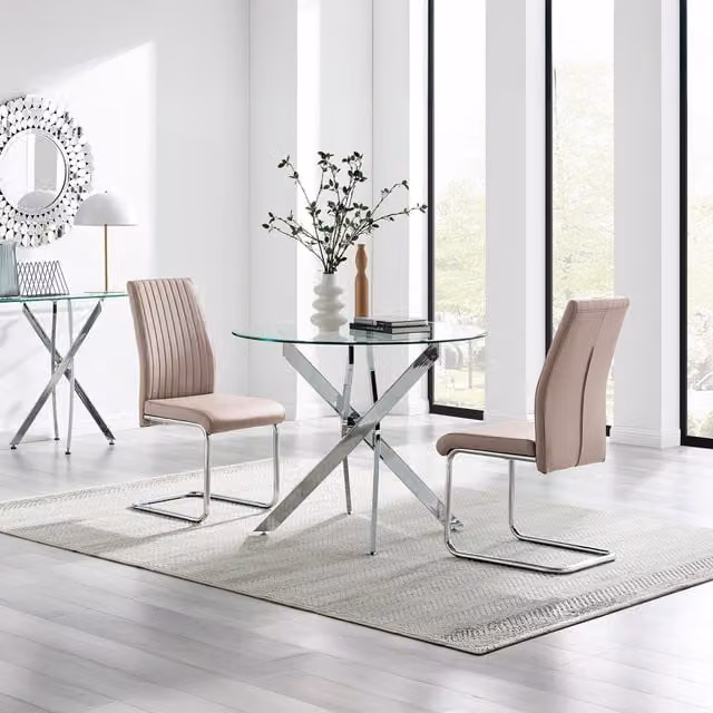FurnitureboxUK Novara Round Glass Dining Table and Two Lorenzo Chairs Set in Cappuccino