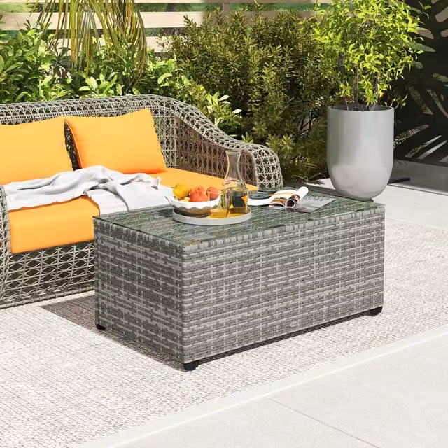 Outsunny Modern Rattan Side Table with Glass Top in Light Grey