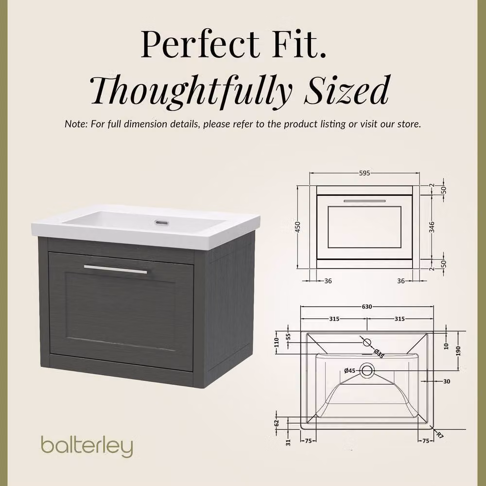 Balterley Blithbury 1 Drawer Vanity Basin Unit in Dark Grey Woodgrain, W: 60 cm, D: 45 cm, H: 60 cm – 4