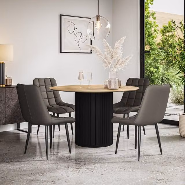 Arlo Modern Round Dining Table and 4 Chairs Set in Grey and Black with Faux Leather Finish