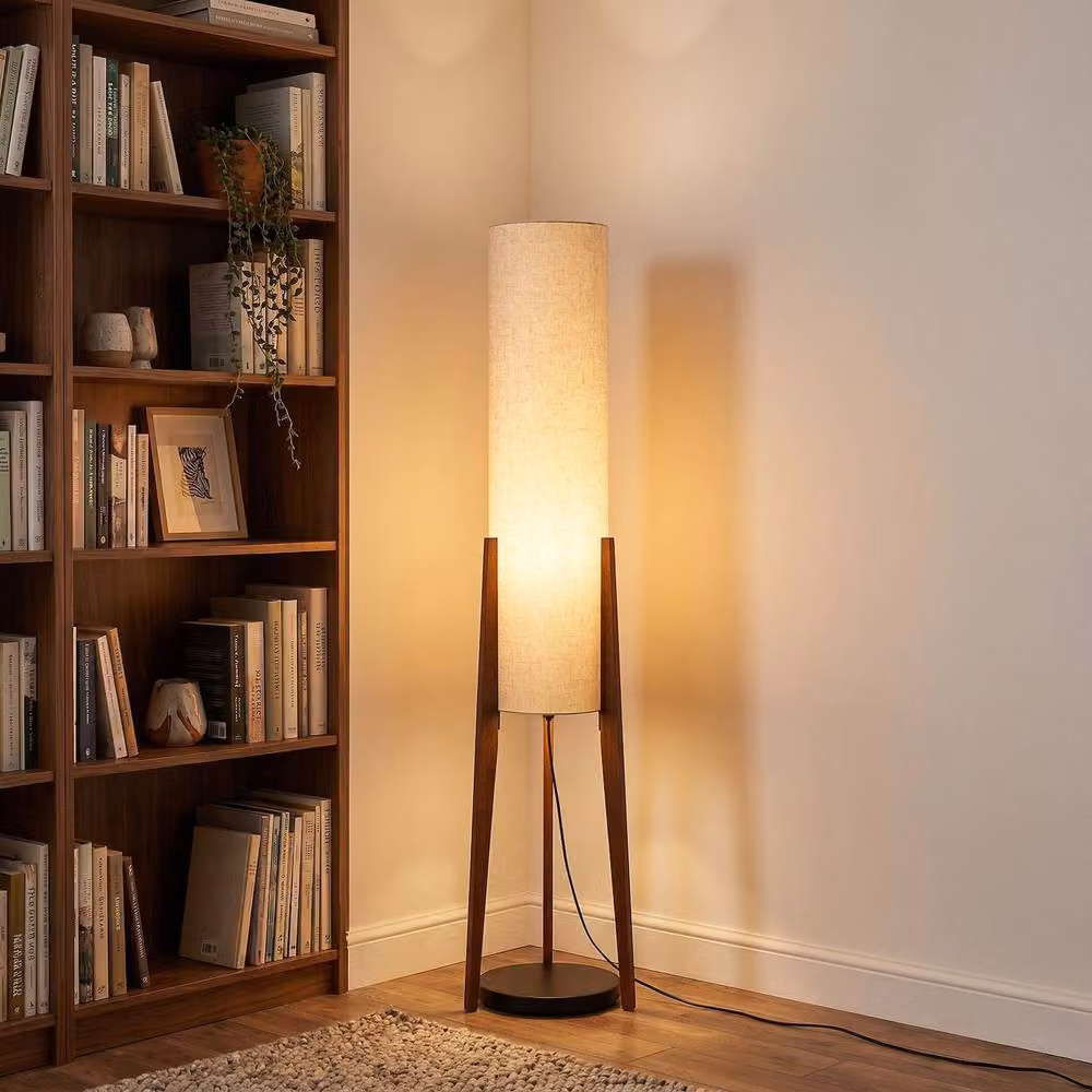 Happy Homewares Designer Floor Lamp with Beige Fabric Shade and Brown Wooden Tripod Legs, H 130 cm x W 30 cm x D 30 cm – 3