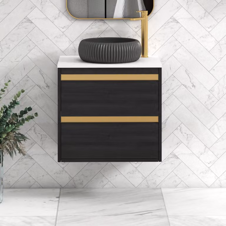 Royal Bathrooms Orion 600mm Hale Wall Hung Vanity Unit with Milan Black Basin and Brushed Brass Trim, Plain White and Black