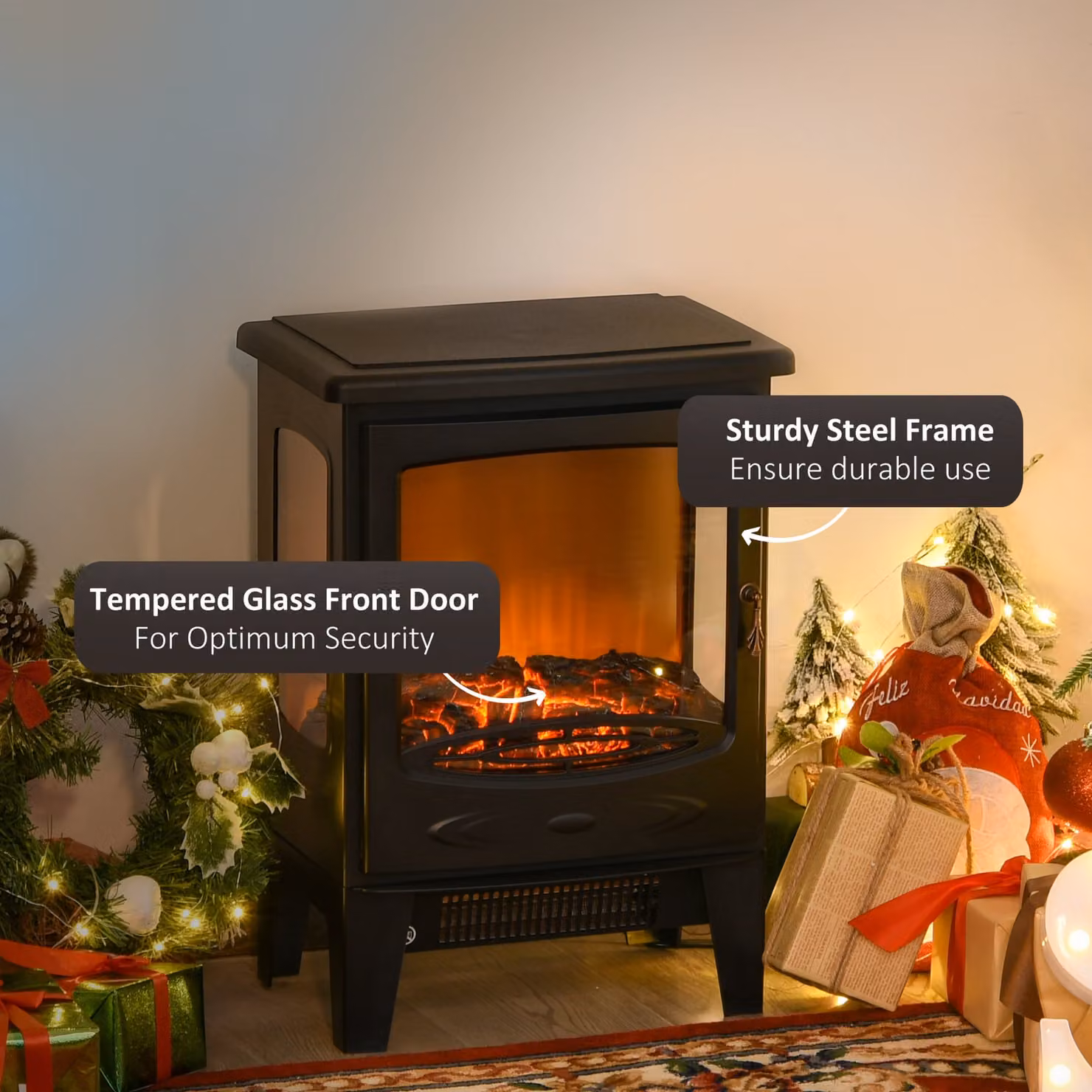 HOMCOM 1800W Electric Fireplace Heater with Tempered Glass in Black – 5