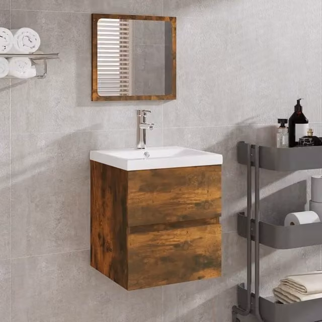 Berkfield Home Classic Bathroom Vanity Unit and Mirror Cabinet Set in Smoked Oak Brown – 1