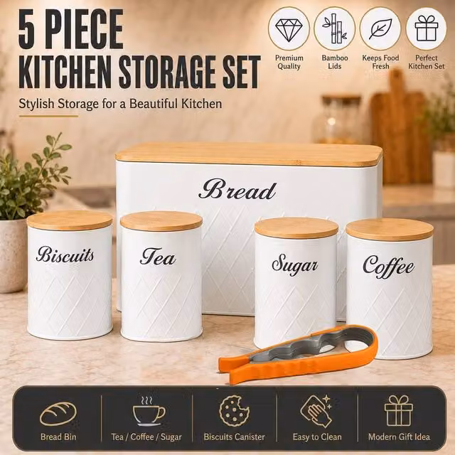 ATEK 6 Piece Airtight Bread Bin and Canister Set with Can Opener in White