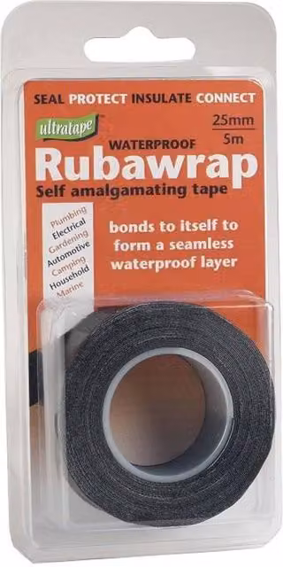 Ultratape Rubawrap Waterproof Self-Amalgamating Sealing and Insulation Tape, Black, W: 25 mm, L: 5 m