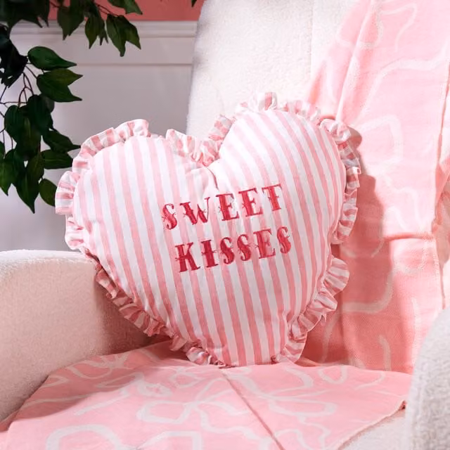 Divante Sweet Kisses Pink Striped Heart Embroidered Cushion