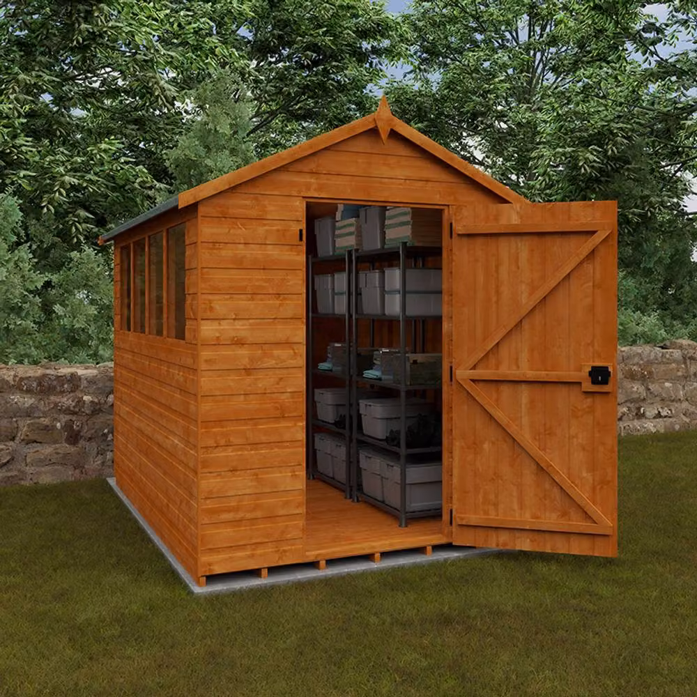 Buttercup Farm Super Apex 12mm Wooden Garden Shed in Burnt Orange, W/D/H: 243.8 x 182.9 x 217.9 cm