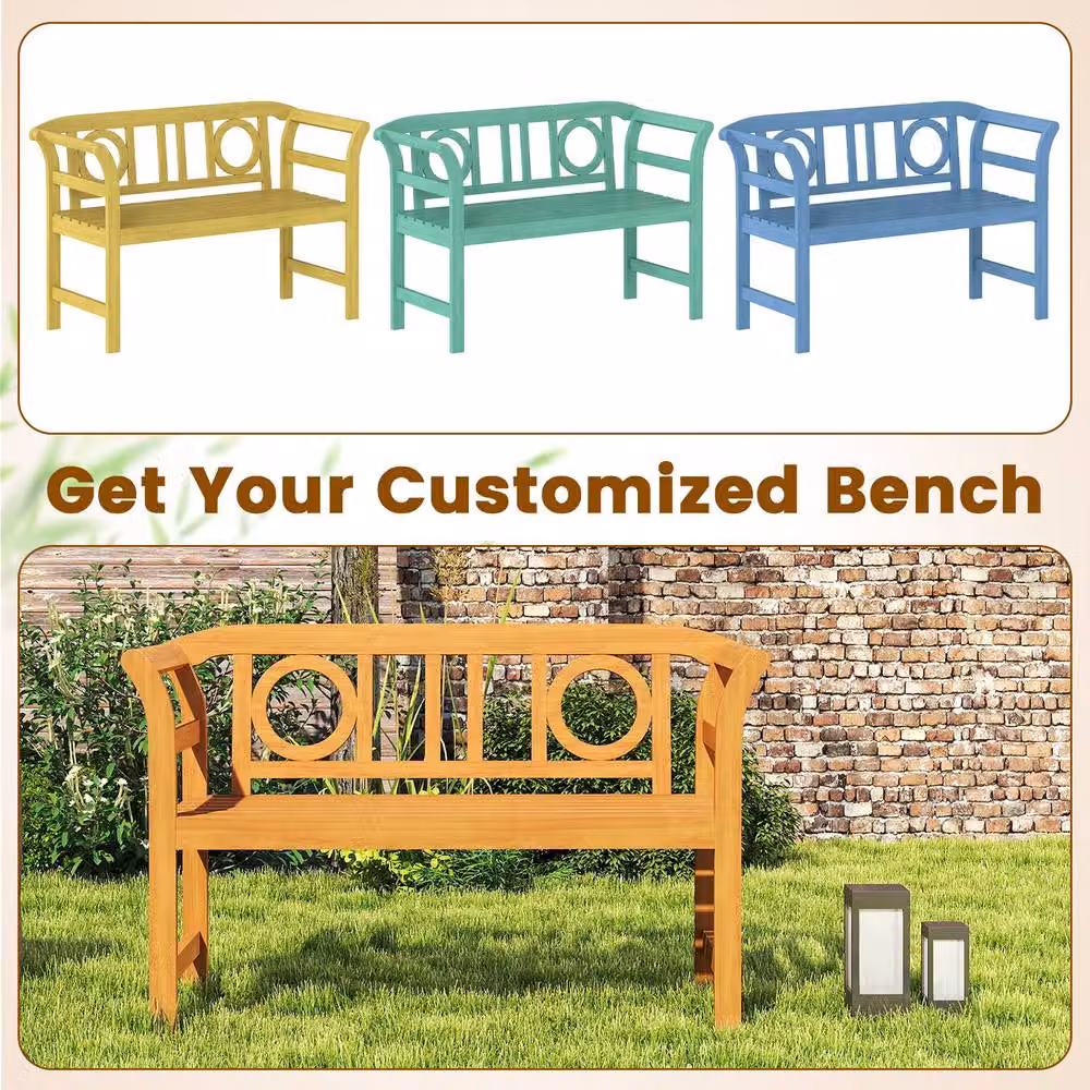 Costway Acacia Wood 2-Person Outdoor Bench Patio Loveseat with Backrest and Armrests in Natural Brown – 5