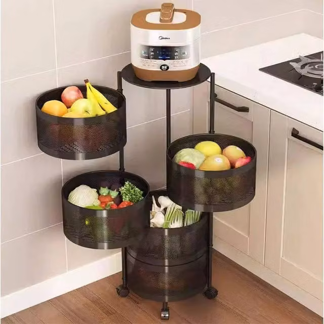 EONLION 5 Tier Kitchen Storage Rack Rotatable Basket Organiser Trolley Cart in Black – 1