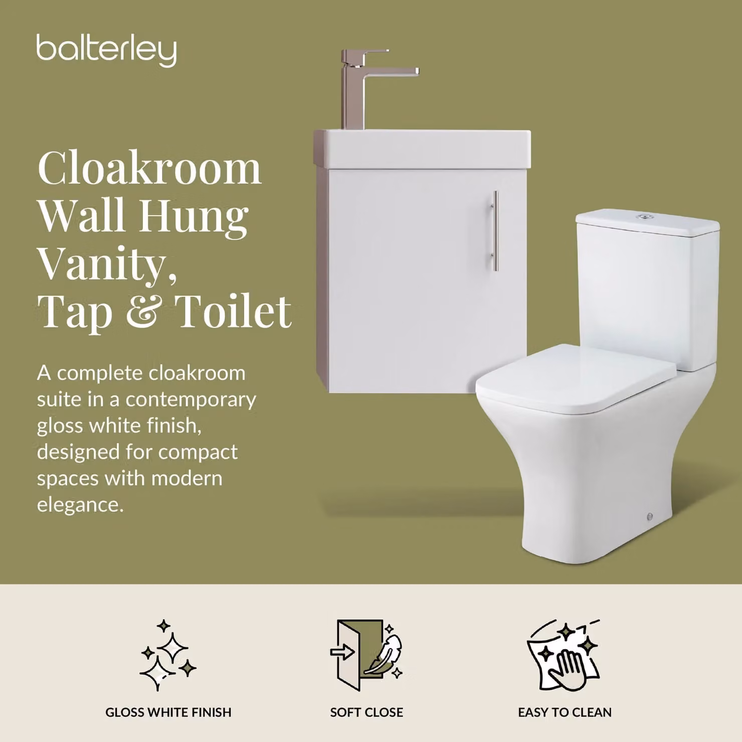 Balterley Green and White Modern Glossy Cloakroom Wall Hung Vanity, Toilet, Cistern, Seat and Tap Set with Chrome Details – 2