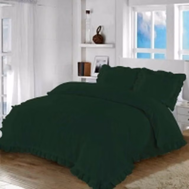 Homes-Linen Santiago Frilled Edge Polycotton Duvet Cover Set in Green, W: 140 cm, H: 200 cm