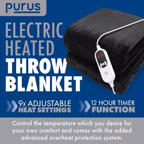 Purus Deluxe XL Black Electric Heated Throw with Soft Fleece and Variable Timer Settings – 2