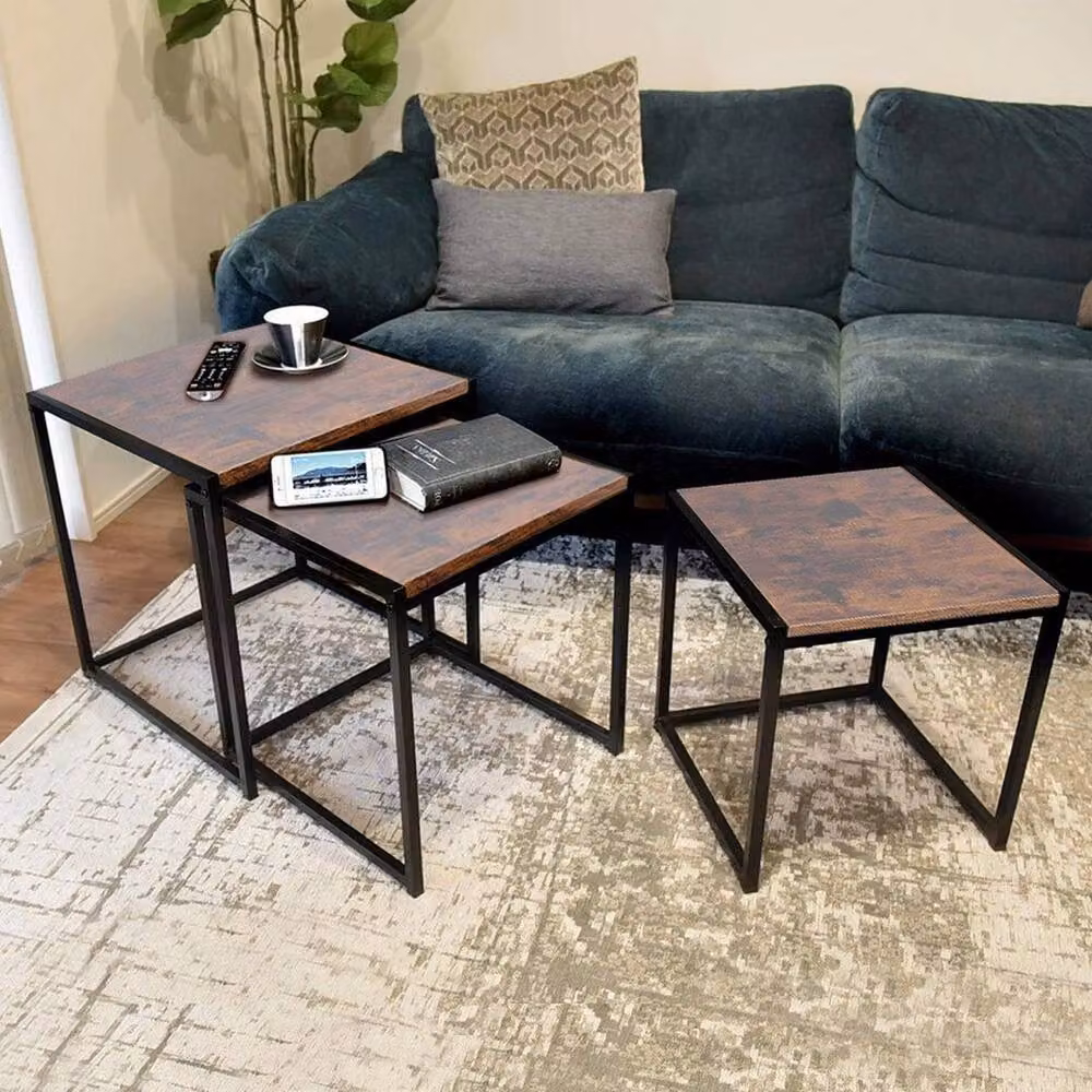 KORVIXA Industrial Nesting Side End Table Set in Brown – 4