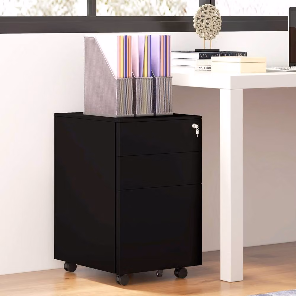 STILVORA Metal Filing Cabinet with 3 Drawers and Lock, Black – 3